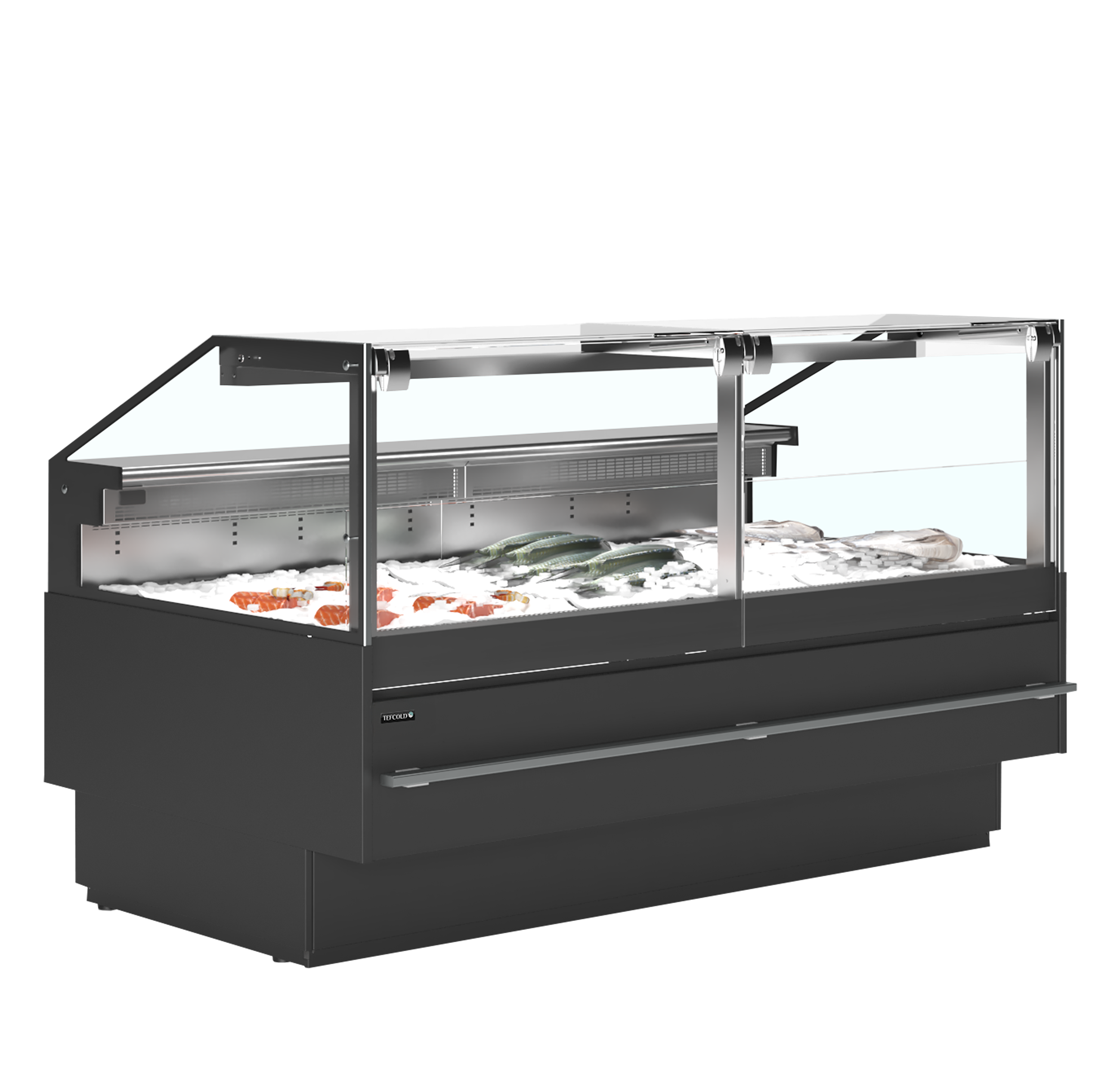 Vitrine Réfrigérée Professionnelle SOCA F18790B Pour Poisson Frais Sur Glace Avec Tablier Inox Et Vitre Avant Se Soulève