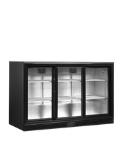 DB301S-3 Arrière Bar Réfrigéré 3 Portes Double Vitrage Finition Noire Intérieur Aluminium Gaufré Clayettes Blanches