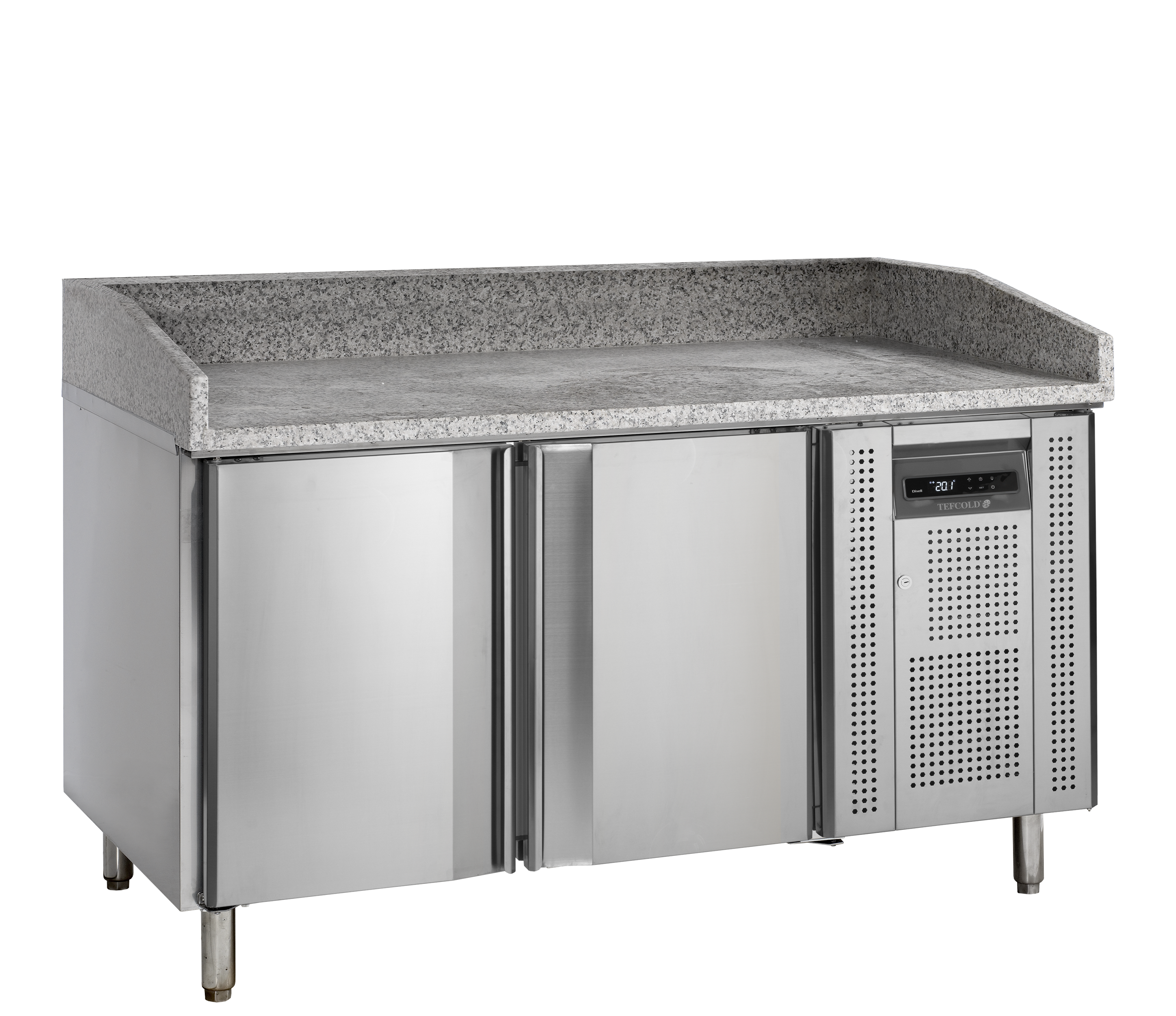 Table À Pizza Professionnelle PT1200 En Acier Inox SS304 Avec Plan Granit Froid 2 Portes