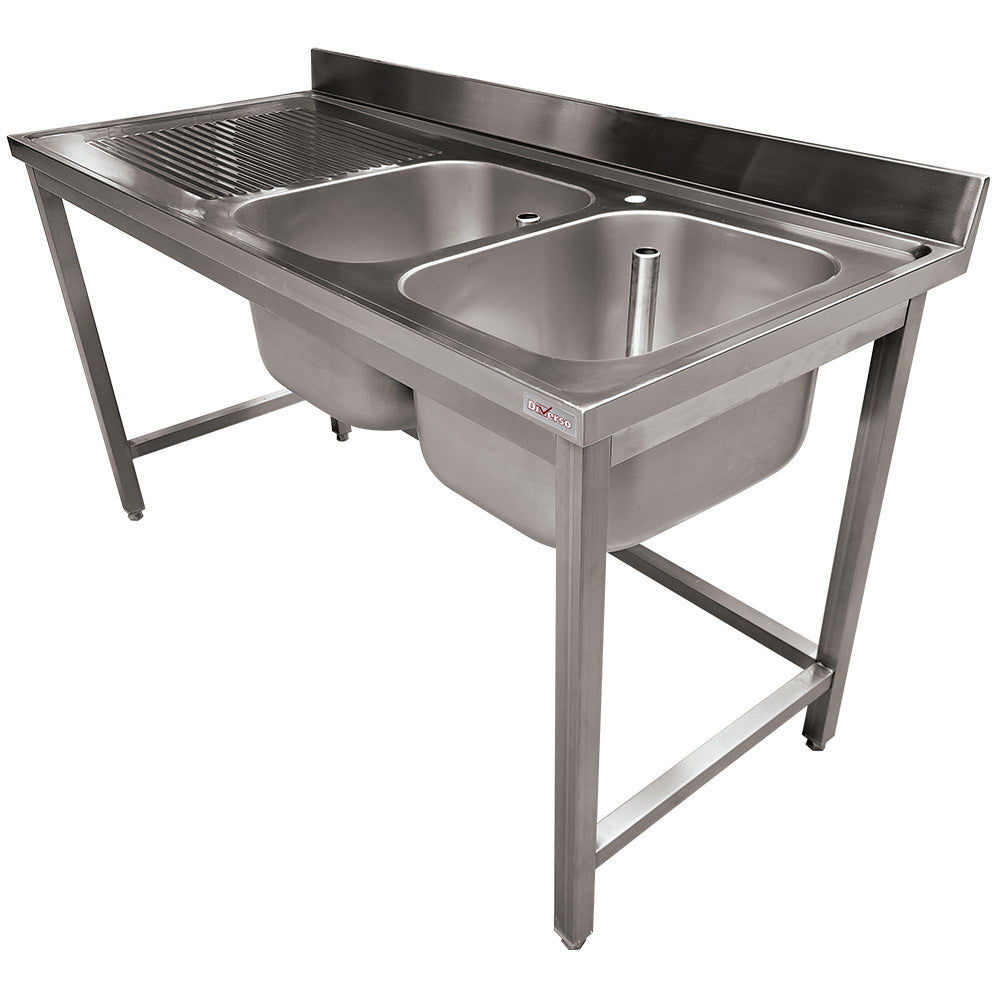 Plonge en inox L1600 - 2 cuves - Égouttoir gauche, sans tablette inférieure - WR-C2E1-6G - EQUIPEMENT RESTAURATION 
