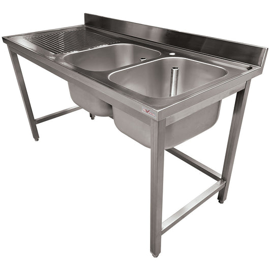 Plonge en inox L1600 - 2 cuves - Égouttoir gauche, sans tablette inférieure - WR-C2E1-6G - EQUIPEMENT RESTAURATION 