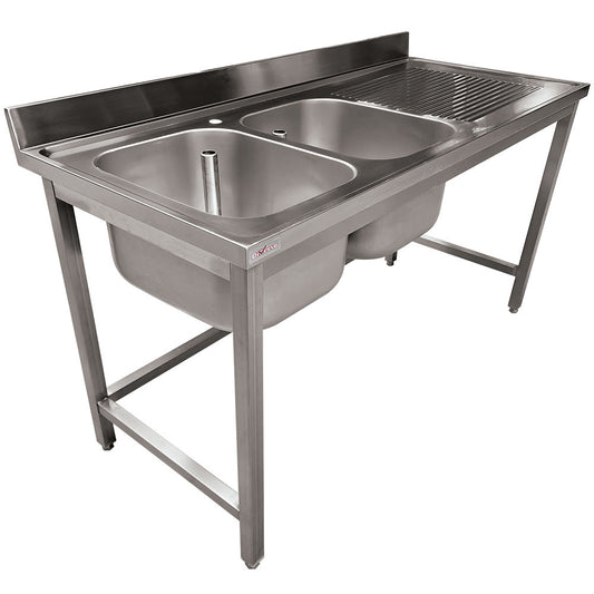 Plonge en inox L1800 - 2 cuves - Égouttoir droite, sans tablette inférieure - WR-E1C2-8D - EQUIPEMENT RESTAURATION 