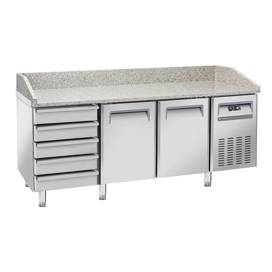 Table à pizzas réfrigérée sur roues - 2 portes EN 600x400 - 5 tiroirs neutres EN 600x400 - WR-PZ20-52 - EQUIPEMENT RESTAURATION 